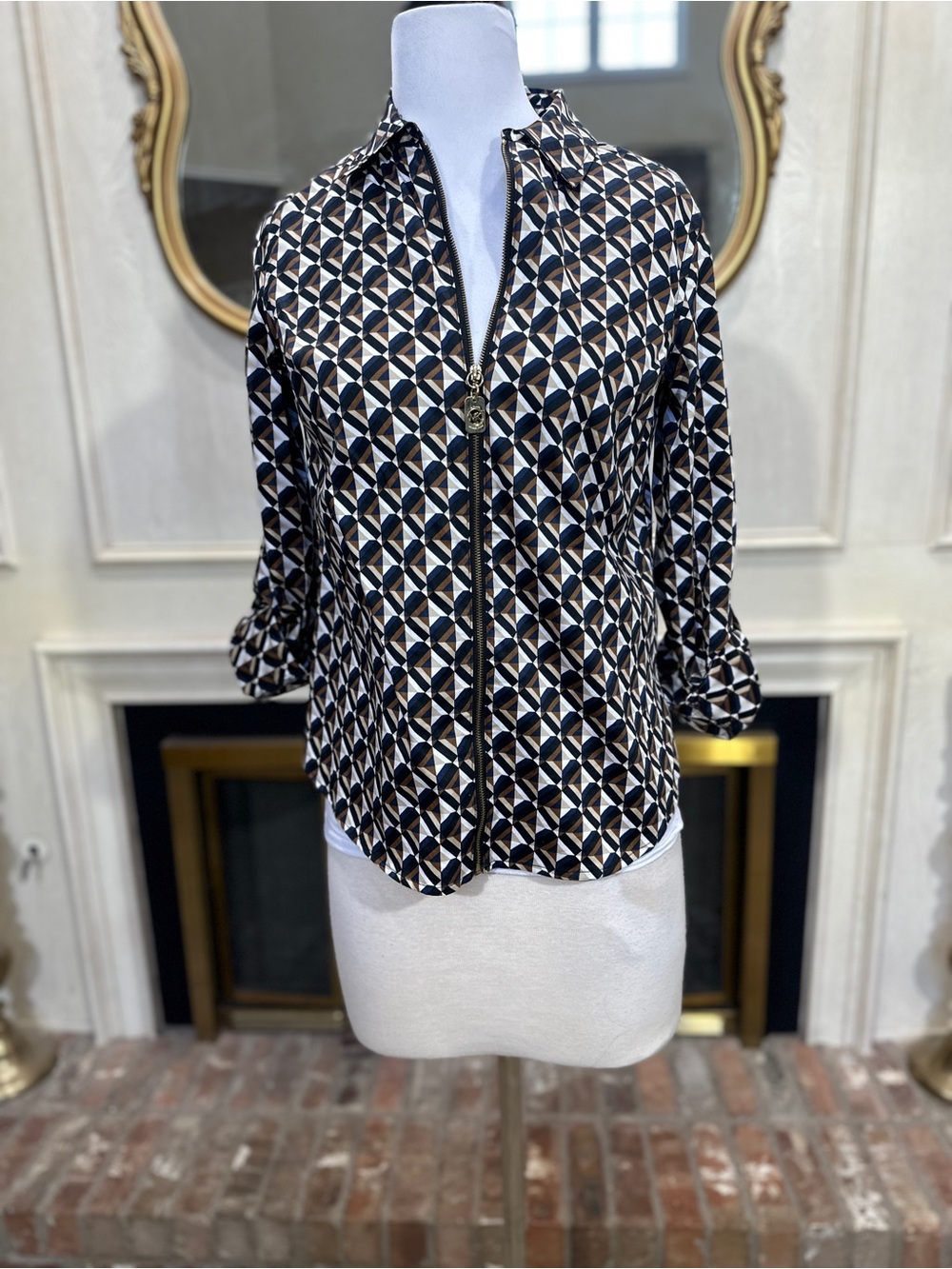 Michael Kors Geometric Zip Front Shirt size 4 RetroEarthy Utility Neo-Minimalist